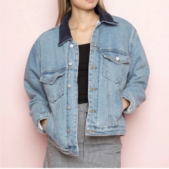 John Galt Shaine Light Blue Denim sherpa Jacket with Dark Blue corduroy Collar, - Picture 2 of 7